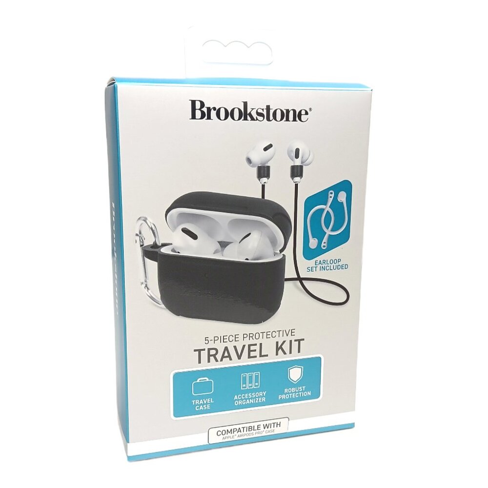Brookstone 5-Piece Travel Kit Keychain Case Silicone Cover Airpods Earloop Set